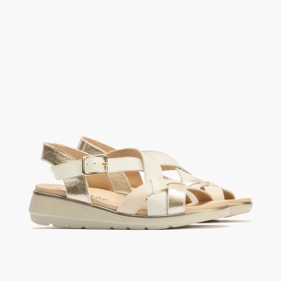 Sandalia de piel Pitillos cuña baja en blanco y napa oro - P20111