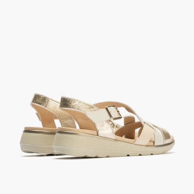 Sandalia de piel Pitillos cuña baja en blanco y napa oro - P20111