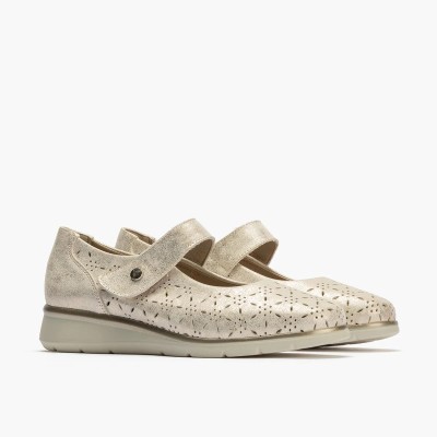 Pitillos Zapato Mercedes mujer con velcro en piel fantasia oro - P10334