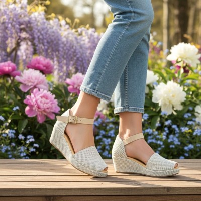 Pitillos sandalias pala de rafia con cuña cómoda plataforma - P11260