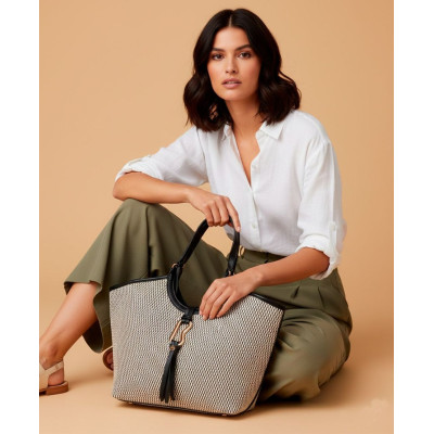 Bolso de mano grande Lina en rafia negra bonita Binnari - Cnp21023